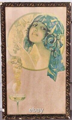 Antique Engraving Poster Lithograph Art Nouveau Woman with Grapes by G. Camps / Mucha