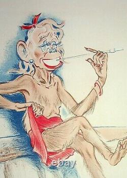 CARICATURE Georges BASTIA Mistinguette monkey, Original signed lithograph