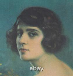 Edouard Bisson Ancient lithograph engraving Art Deco. Young woman with a mask.