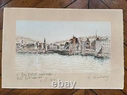 HAMBOURG André Original Lithograph Dedicated Normandy Honfleur Boats 20th Century