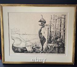 Large lithograph 1970s curious Venice landscape Italy signed & numbered