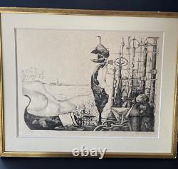 Large lithograph 1970s curious Venice landscape Italy signed & numbered