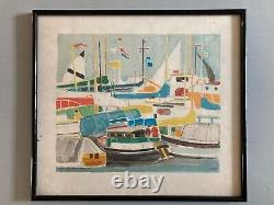 Lithograph by Ginette Rapp Landscape Port BOAT Sea Marine 1980 Harbour Art