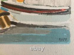 Lithograph by Ginette Rapp Landscape Port BOAT Sea Marine 1980 Harbour Art