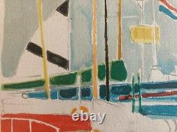 Lithograph by Ginette Rapp Landscape Port BOAT Sea Marine 1980 Harbour Art