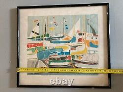 Lithograph by Ginette Rapp Landscape Port BOAT Sea Marine 1980 Harbour Art