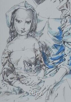 Lithograph by Léonard Tsuguharu FOUJITA Woman, Child, and Cat