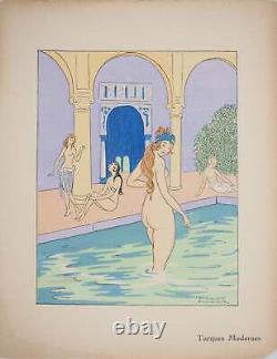 Maggy MONIER Art Deco, Turkish Bath between Women, Signed Lithograph and Stencil