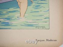 Maggy MONIER Art Deco, Turkish Bath between Women, Signed Lithograph and Stencil