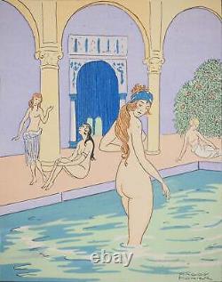 Maggy MONIER Art Deco, Turkish Bath between Women, Signed Lithograph and Stencil