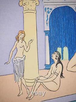 Maggy MONIER Art Deco, Turkish Bath between Women, Signed Lithograph and Stencil