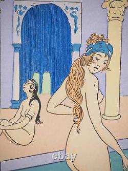 Maggy MONIER Art Deco, Turkish Bath between Women, Signed Lithograph and Stencil