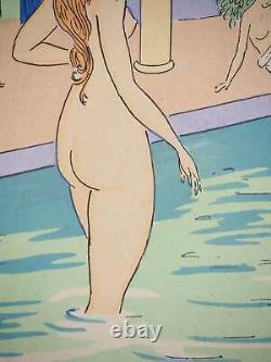 Maggy MONIER Art Deco, Turkish Bath between Women, Signed Lithograph and Stencil