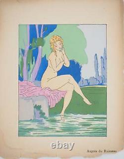 Maggy MONIER Art Deco, Women Pensive by the Stream, Signed Lithograph