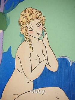 Maggy MONIER Art Deco, Women Pensive by the Stream, Signed Lithograph