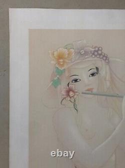 Old Lithograph Signed Mara Tran-long, Numbered, Flute Woman, 20th