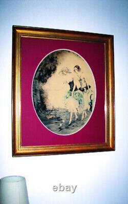 Old litho aquatint engraving under glass signed women and rabbits Art Deco