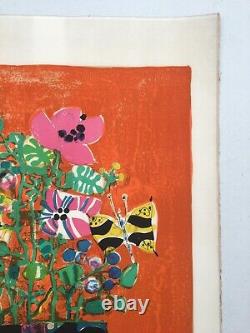 Original Lithograph Signed Paul Aizpiri, Numbered, Flowers And Butterflies, 20th Century