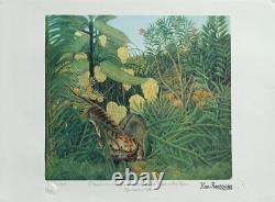 Rousseau Henri Tiger Attacking A Buffle Lithography Original Signed, 1976