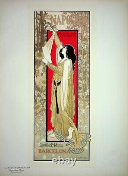 A de RIQUET Art nouveau Dame médiévale, LITHOGRAPHIE originale signée, 1900