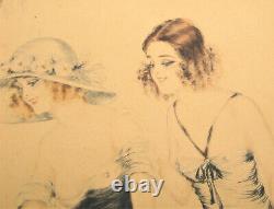 Ancienne gravure litho aquatinte sous verre signée femmes et lapins Art Déco