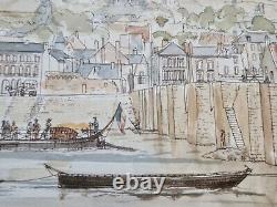 Bellis Jean Paysage marin Chinon bateau estampe couleur aquarelle signé dessin