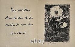 CATHELIN Bernard Lithographie signée carte voeux 1957 Anémones fleurs