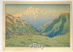 Grande lithographie couleurs Henri Rivière paysage montagne troupeau XIXè