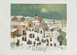 Jean AXATARD beautiful lithograph signed Village under the snow