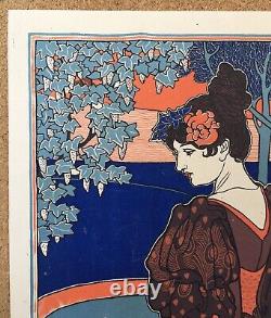 Lithographie originale Art Nouveau Femme au paon Louis Rhead style Mucha 1899