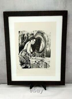 Lithographie originale signée Marion Cheung, estampe femme au miroir