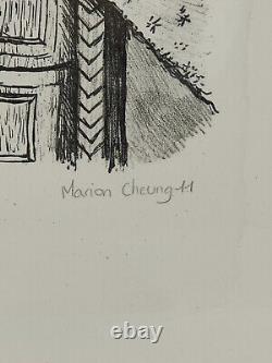 Lithographie originale signée Marion Cheung, estampe femme au miroir