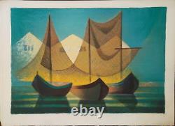 Louis TOFFOLI (1907-1999) Lithographie signée, Bateaux dans un port P1646