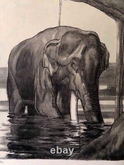 Paul Jouve Double Lithographie Originale 1948 Éléphant & Python